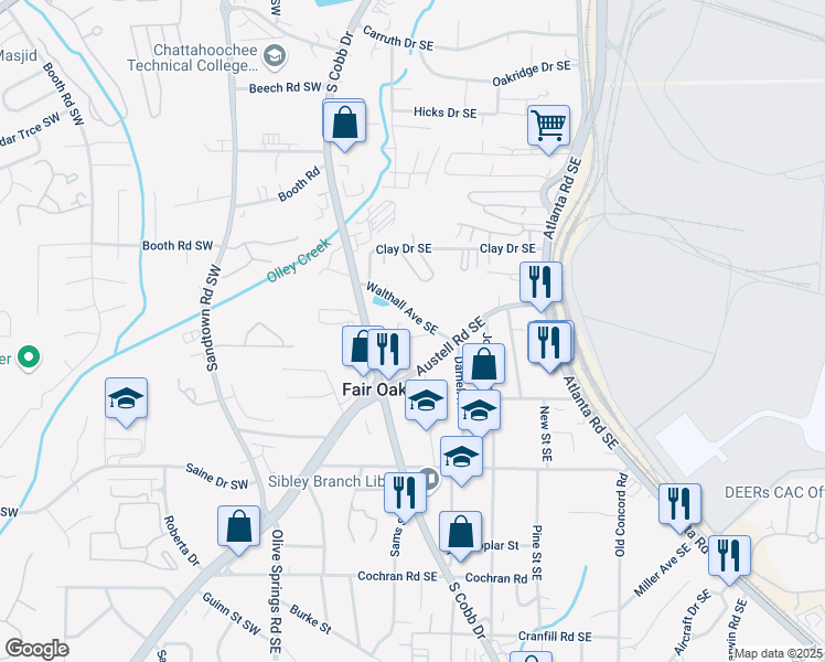 map of restaurants, bars, coffee shops, grocery stores, and more near 218 Walthall Avenue Southeast in Marietta