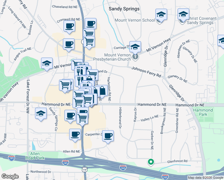 map of restaurants, bars, coffee shops, grocery stores, and more near 6069 Harleston Road Northeast in Atlanta