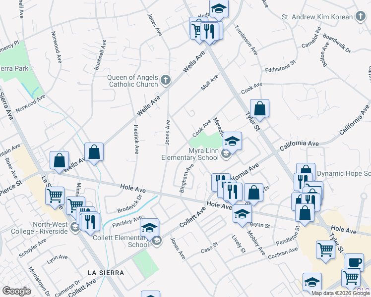 map of restaurants, bars, coffee shops, grocery stores, and more near 10490 Cook Avenue in Riverside