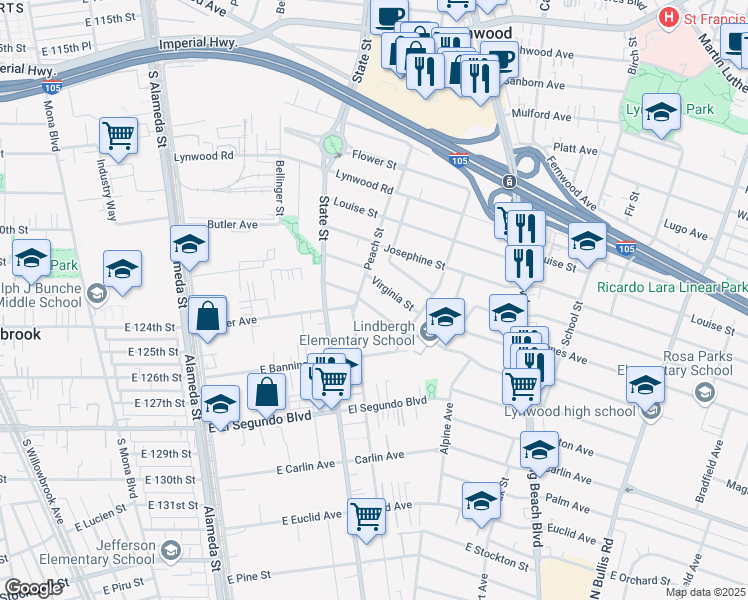 map of restaurants, bars, coffee shops, grocery stores, and more near 3215 Cedar Avenue in Lynwood
