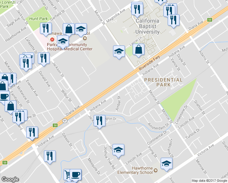 map of restaurants, bars, coffee shops, grocery stores, and more near 8871 Indiana Avenue in Riverside