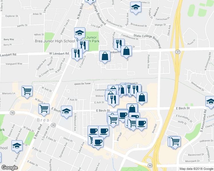 map of restaurants, bars, coffee shops, grocery stores, and more near 648 Pepperwood Drive in Brea
