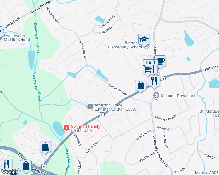 map of restaurants, bars, coffee shops, grocery stores, and more near 3200 Saint James Place Northwest in Lawrenceville