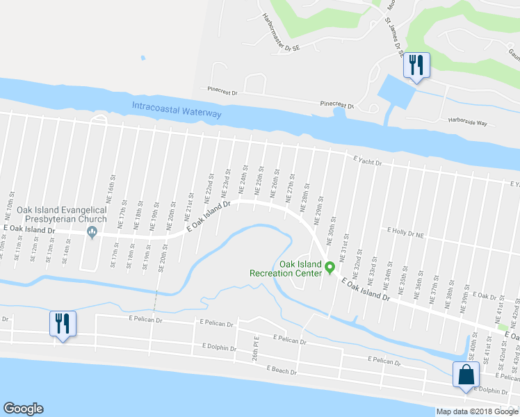 map of restaurants, bars, coffee shops, grocery stores, and more near 2503 East Oak Island Drive in Oak Island