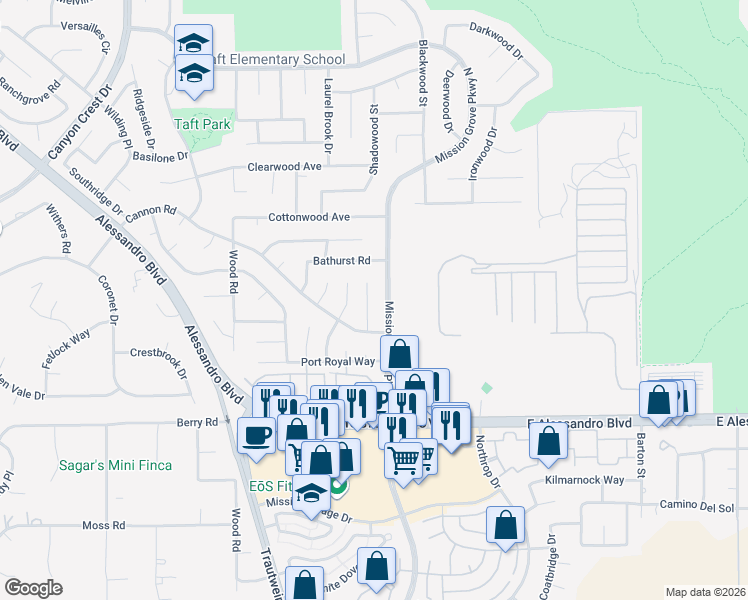 map of restaurants, bars, coffee shops, grocery stores, and more near 7156 Stanhope Lane in Riverside