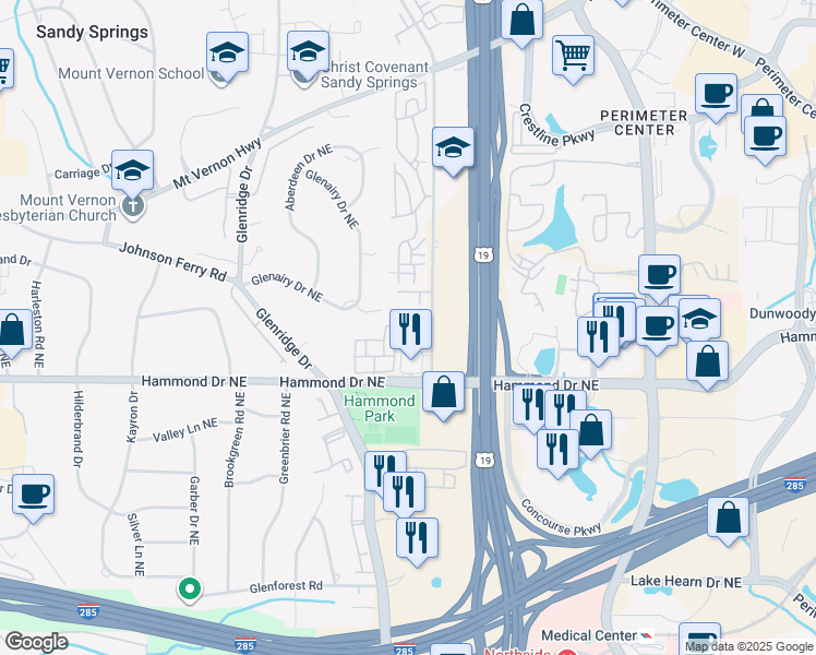 map of restaurants, bars, coffee shops, grocery stores, and more near 6096 Barfield Road in Sandy Springs