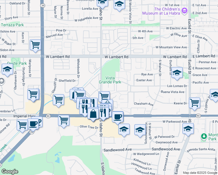 map of restaurants, bars, coffee shops, grocery stores, and more near 1074 Las Lomas Drive in La Habra
