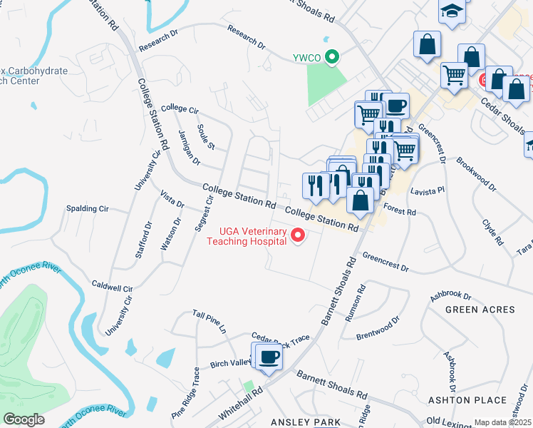 map of restaurants, bars, coffee shops, grocery stores, and more near 2200 College Station Road in Athens