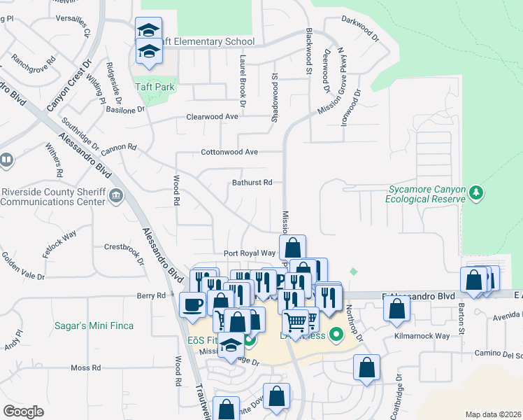 map of restaurants, bars, coffee shops, grocery stores, and more near 7146 Stanhope Lane in Riverside