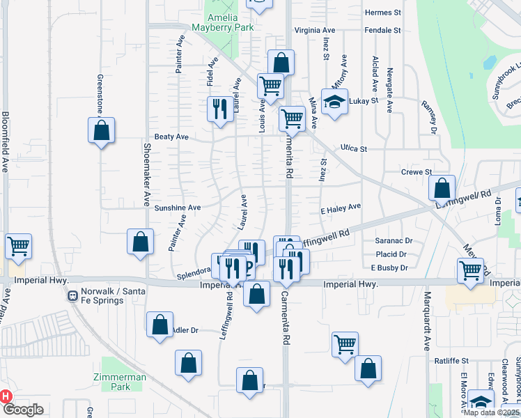 map of restaurants, bars, coffee shops, grocery stores, and more near 12130 Laurel Avenue in Whittier