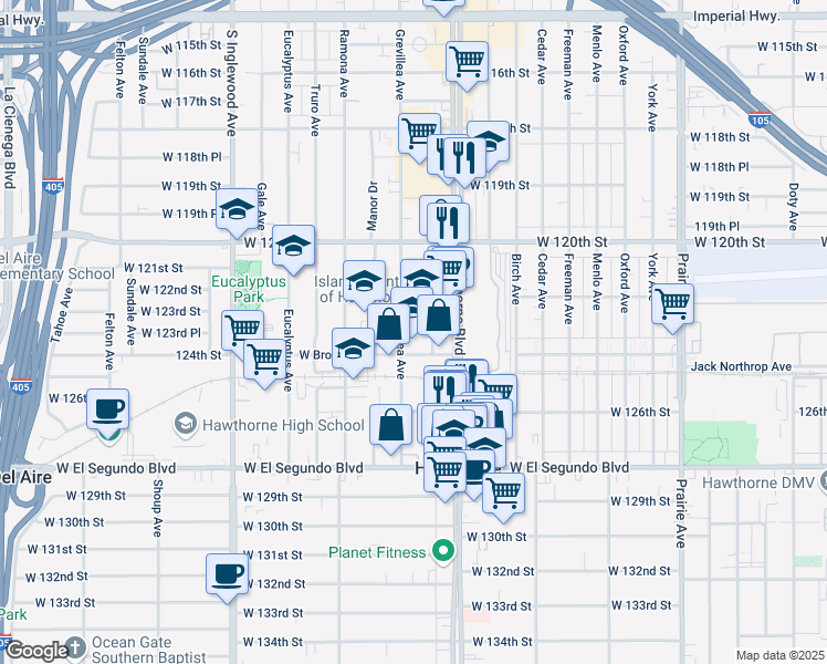 map of restaurants, bars, coffee shops, grocery stores, and more near 12312 Grevillea Avenue in Hawthorne