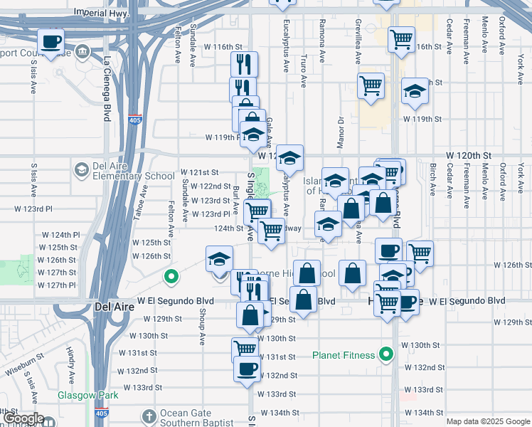 map of restaurants, bars, coffee shops, grocery stores, and more near 12323 Gale Avenue in Hawthorne