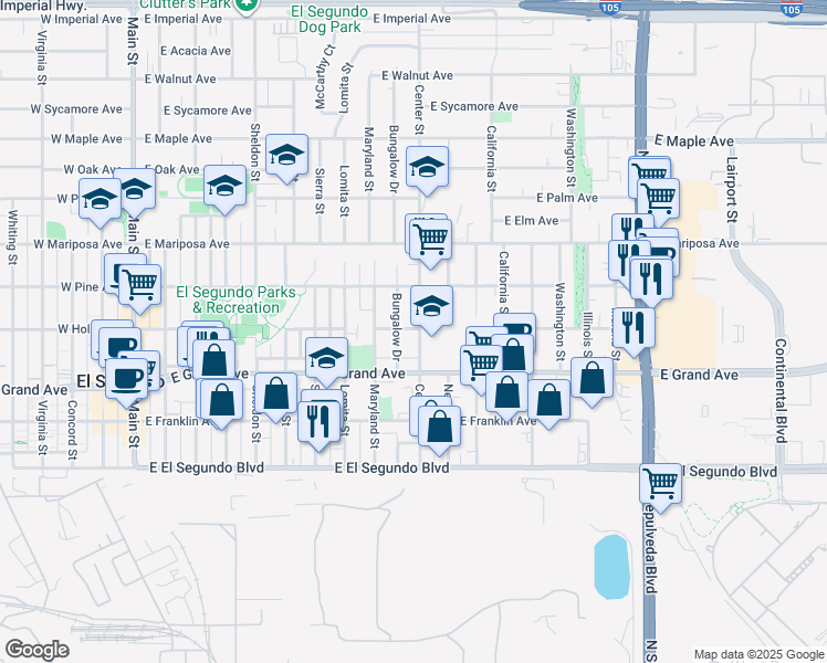 map of restaurants, bars, coffee shops, grocery stores, and more near 400 Bungalow Drive in El Segundo