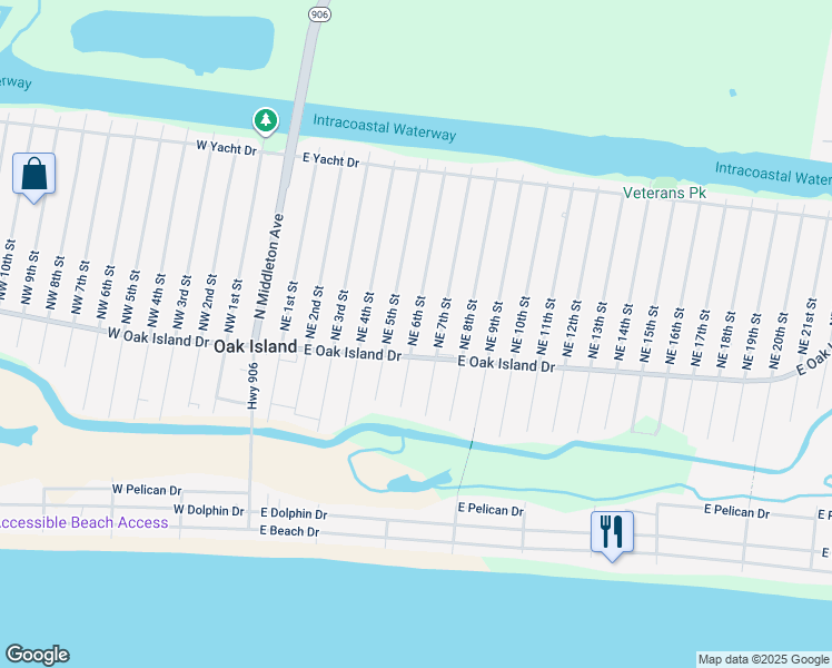 map of restaurants, bars, coffee shops, grocery stores, and more near 108 Northeast 6th Street in Oak Island