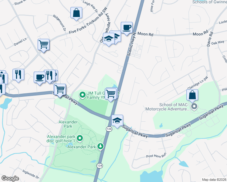 map of restaurants, bars, coffee shops, grocery stores, and more near 745 Scenic Highway South in Lawrenceville