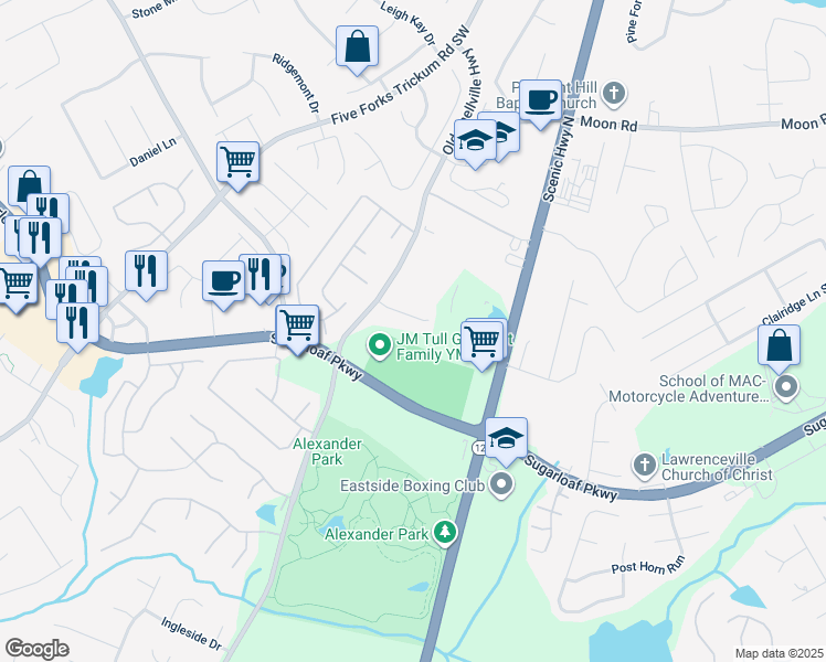 map of restaurants, bars, coffee shops, grocery stores, and more near 733 Still Lake Drive Southwest in Lawrenceville