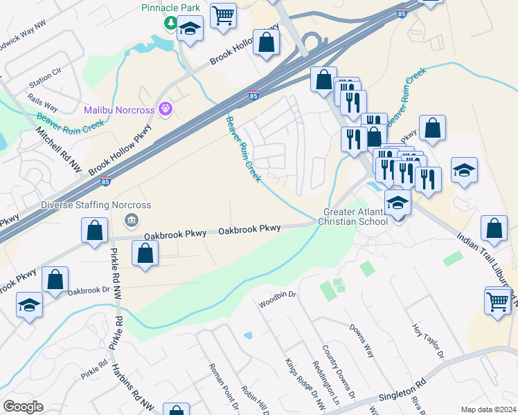map of restaurants, bars, coffee shops, grocery stores, and more near 5325 Oakbrook Parkway in Norcross
