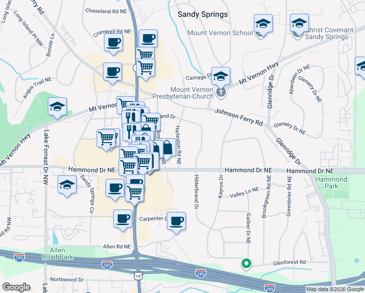 map of restaurants, bars, coffee shops, grocery stores, and more near 6069 Harleston Road Northeast in Atlanta
