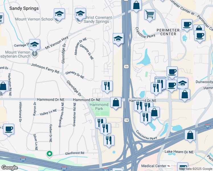 map of restaurants, bars, coffee shops, grocery stores, and more near 6096 Barfield Road in Sandy Springs