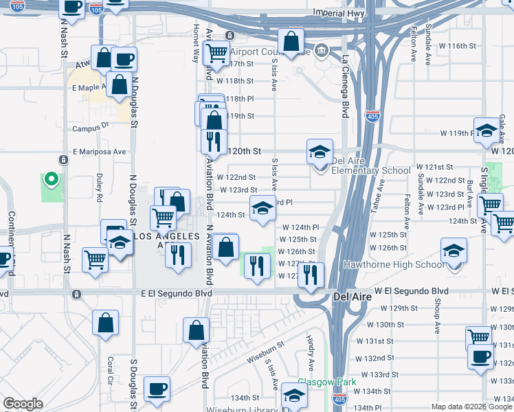 map of restaurants, bars, coffee shops, grocery stores, and more near 5430 West 123rd Street in Hawthorne