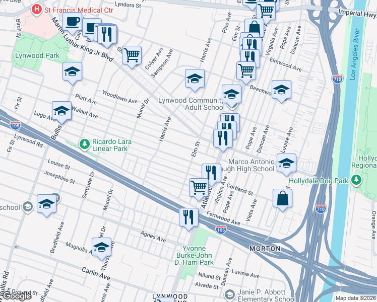 map of restaurants, bars, coffee shops, grocery stores, and more near 4274 Walnut Avenue in Lynwood