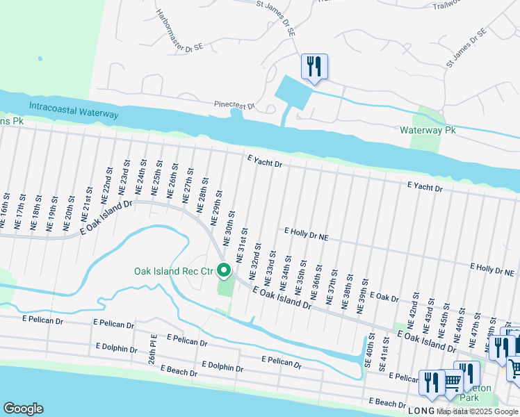 map of restaurants, bars, coffee shops, grocery stores, and more near 145 Northeast 32nd Street in Oak Island