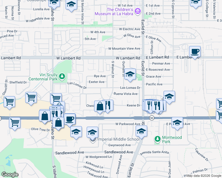 map of restaurants, bars, coffee shops, grocery stores, and more near 500 Las Lomas Drive in La Habra