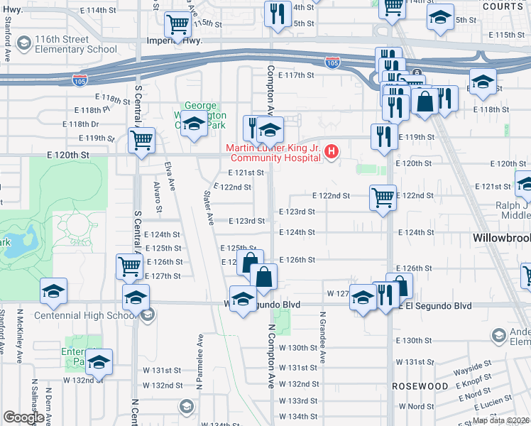 map of restaurants, bars, coffee shops, grocery stores, and more near 12233 Compton Avenue in Los Angeles