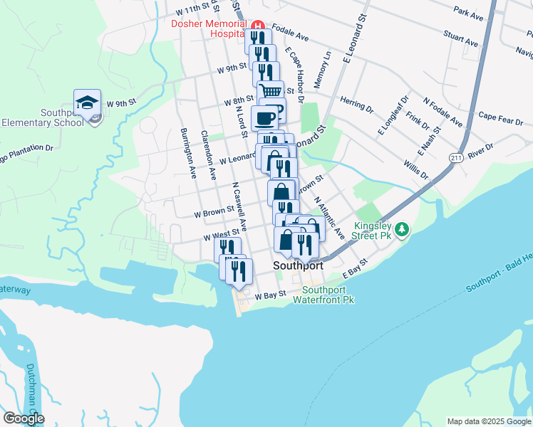 map of restaurants, bars, coffee shops, grocery stores, and more near 312 North Lord Street in Southport