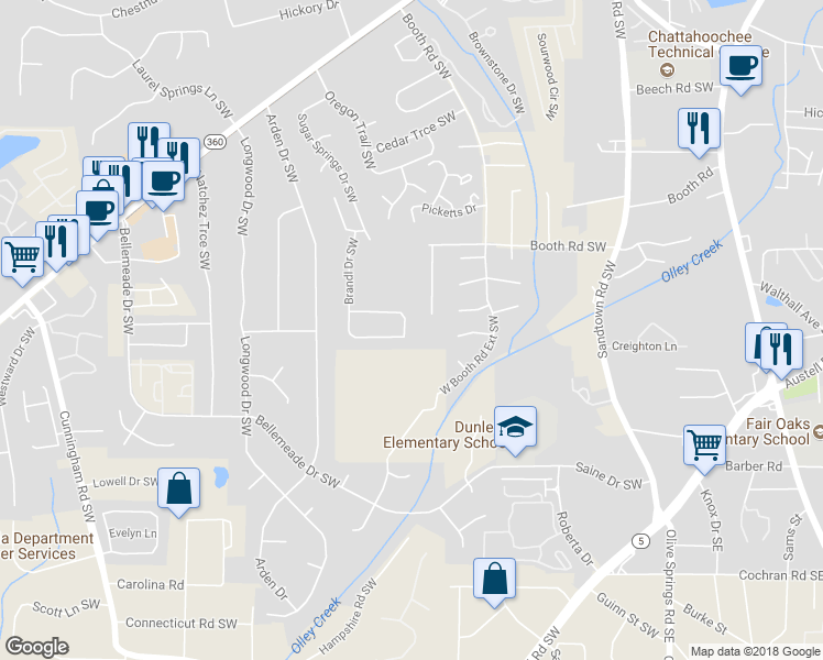 map of restaurants, bars, coffee shops, grocery stores, and more near 1284 Brandl Drive in Marietta