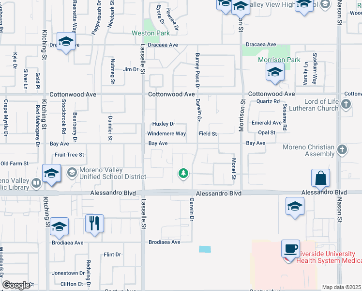 map of restaurants, bars, coffee shops, grocery stores, and more near 26221 Bay Avenue in Moreno Valley