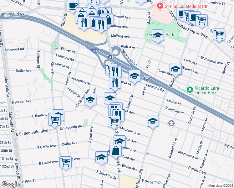 map of restaurants, bars, coffee shops, grocery stores, and more near 11812 Long Beach Boulevard in Lynwood
