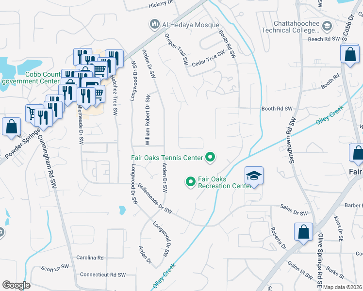 map of restaurants, bars, coffee shops, grocery stores, and more near 1245 Brandl Drive in Marietta
