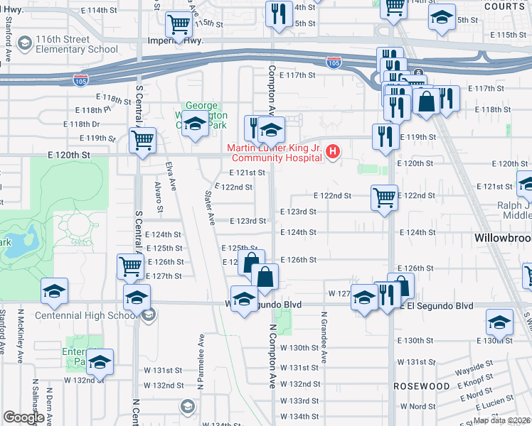 map of restaurants, bars, coffee shops, grocery stores, and more near 12233 Compton Avenue in Los Angeles