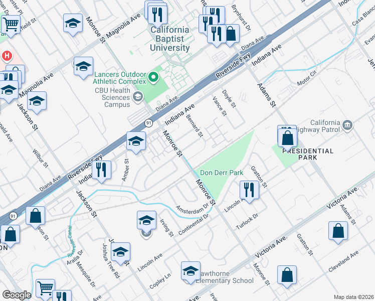 map of restaurants, bars, coffee shops, grocery stores, and more near 8676 Marlene Street in Riverside