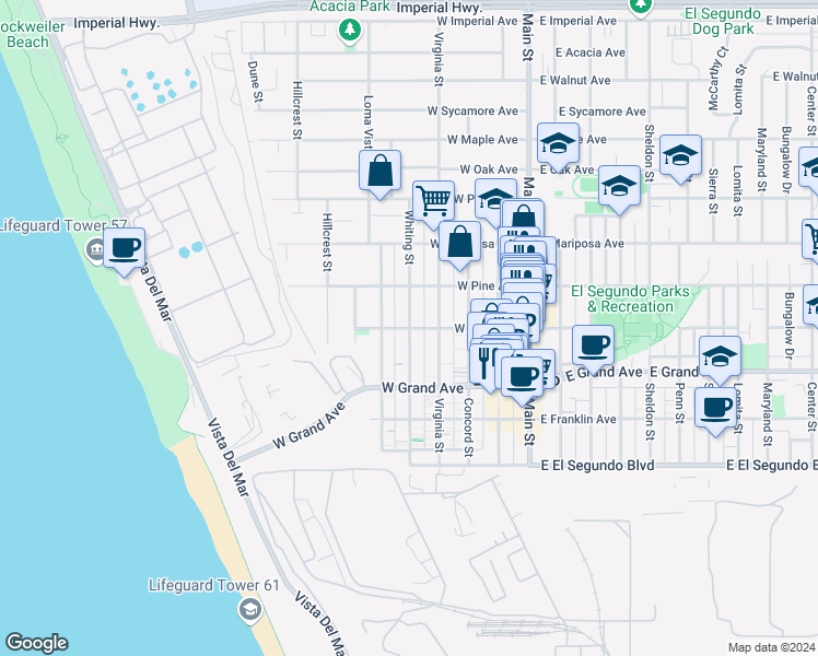map of restaurants, bars, coffee shops, grocery stores, and more near Whiting Street in El Segundo