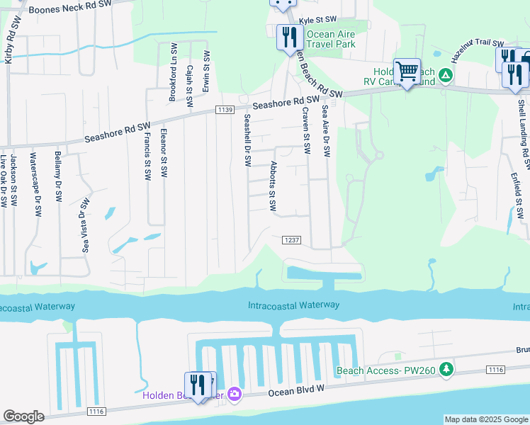 map of restaurants, bars, coffee shops, grocery stores, and more near 1981 Cameron Drive Southwest in Brunswick County