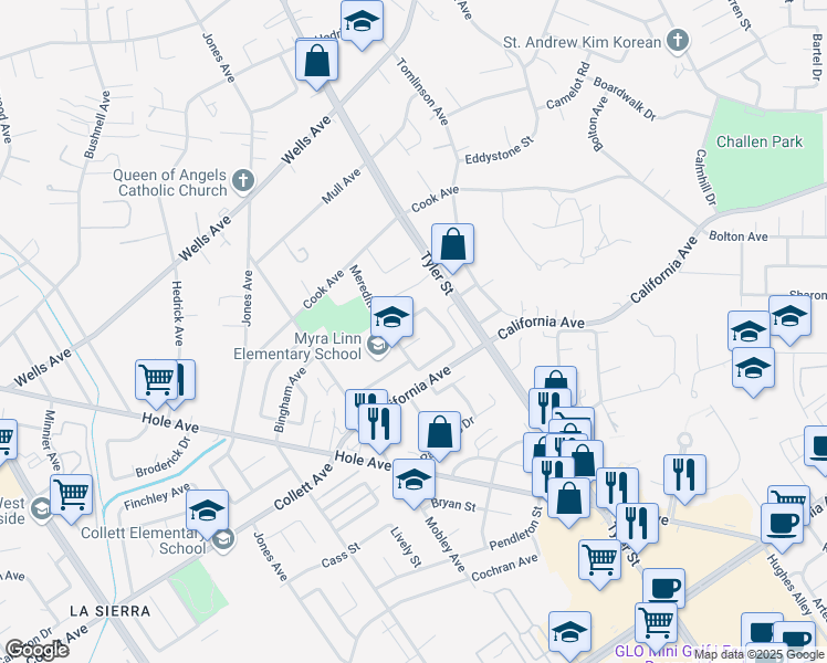 map of restaurants, bars, coffee shops, grocery stores, and more near 10369 Kenyon Court in Riverside