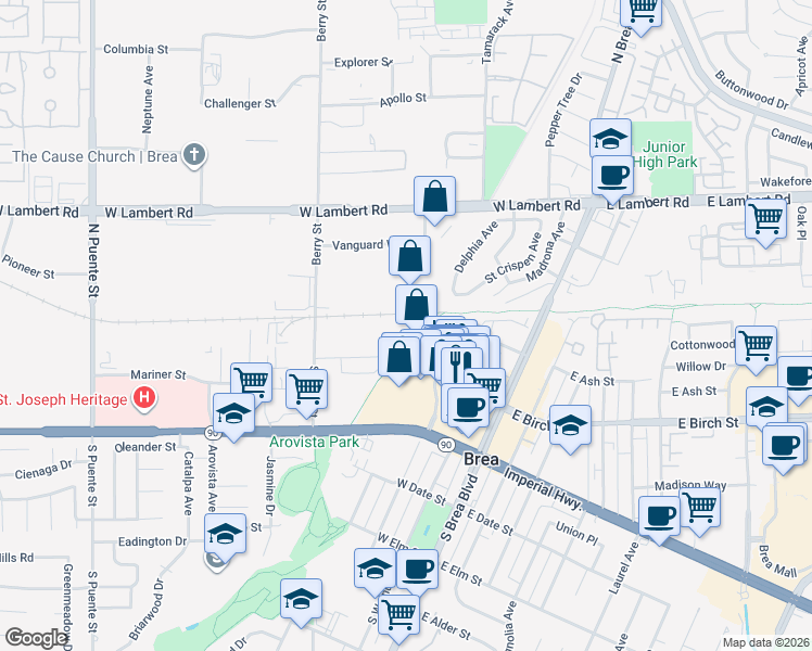 map of restaurants, bars, coffee shops, grocery stores, and more near 517 Mercury Lane in Brea