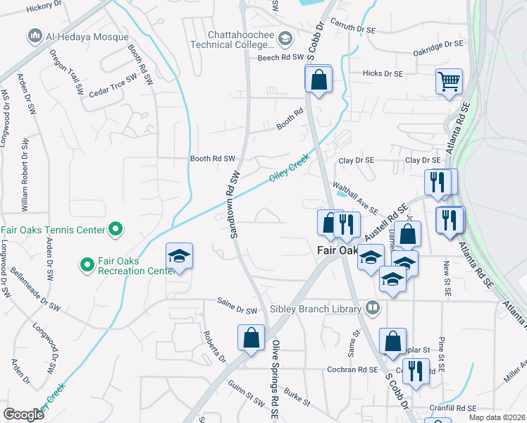 map of restaurants, bars, coffee shops, grocery stores, and more near 1187 Kendrew Pass in Marietta