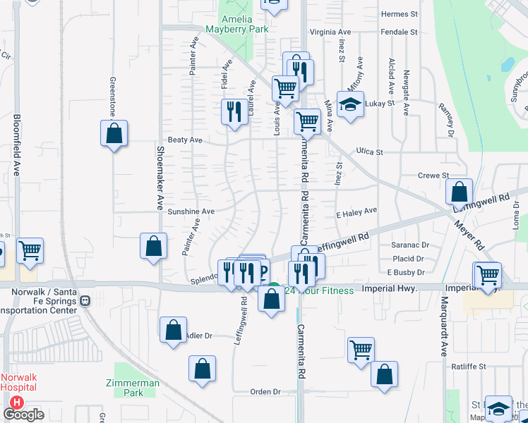 map of restaurants, bars, coffee shops, grocery stores, and more near 12200 Laurel Avenue in Whittier