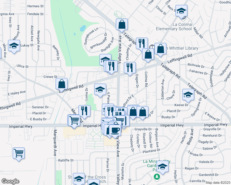 map of restaurants, bars, coffee shops, grocery stores, and more near 14151 Kelford Street in Whittier