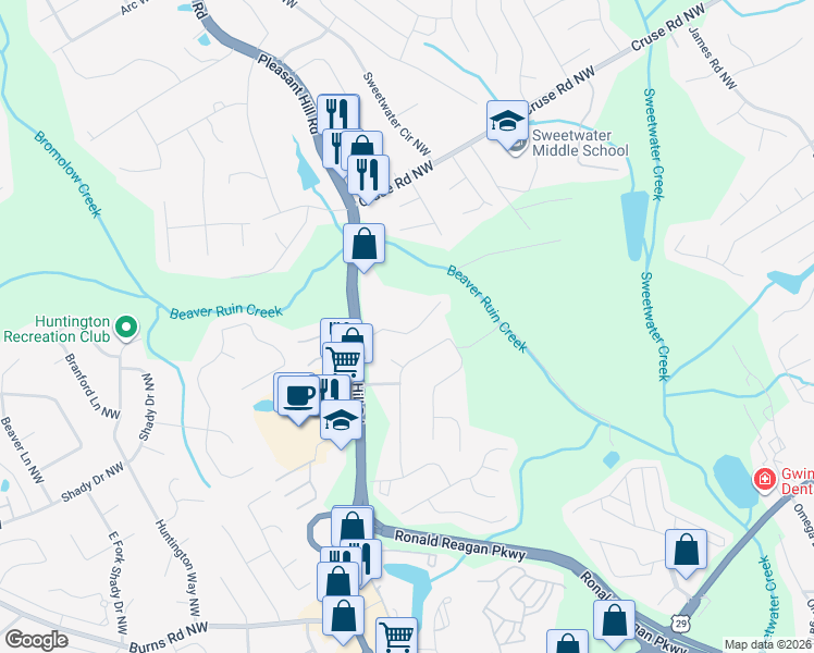 map of restaurants, bars, coffee shops, grocery stores, and more near 3780 Lakeside Walk Drive in Lilburn