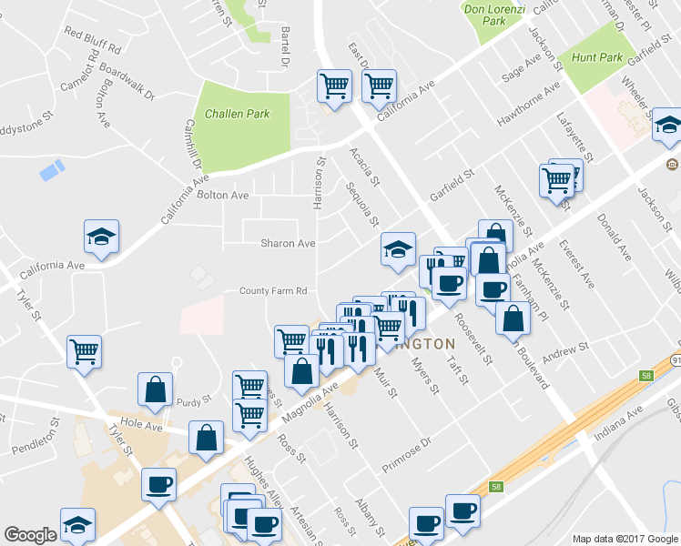 map of restaurants, bars, coffee shops, grocery stores, and more near 9718 Garfield Street in Riverside
