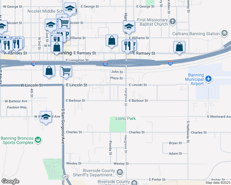 map of restaurants, bars, coffee shops, grocery stores, and more near 481 S Hermosa Ave in Banning