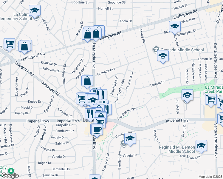 map of restaurants, bars, coffee shops, grocery stores, and more near 12109 Bluefield Avenue in La Mirada