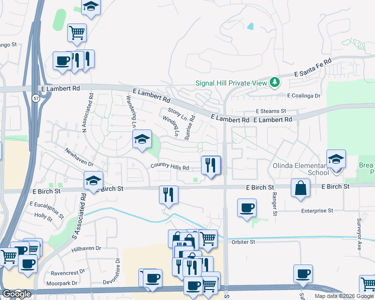 map of restaurants, bars, coffee shops, grocery stores, and more near 2489 Rainbow Lane in Brea