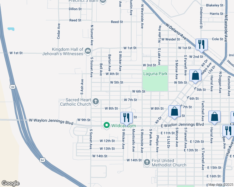 map of restaurants, bars, coffee shops, grocery stores, and more near 1114 West 6th Street in Littlefield