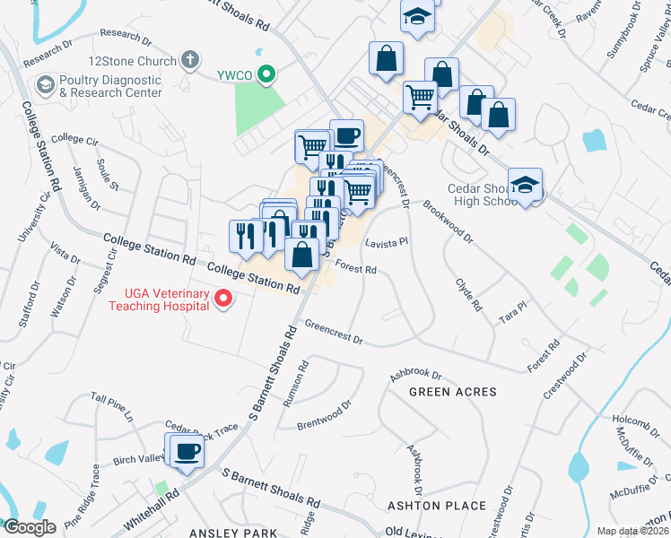 map of restaurants, bars, coffee shops, grocery stores, and more near 2205 South Barnett Shoals Road in Athens
