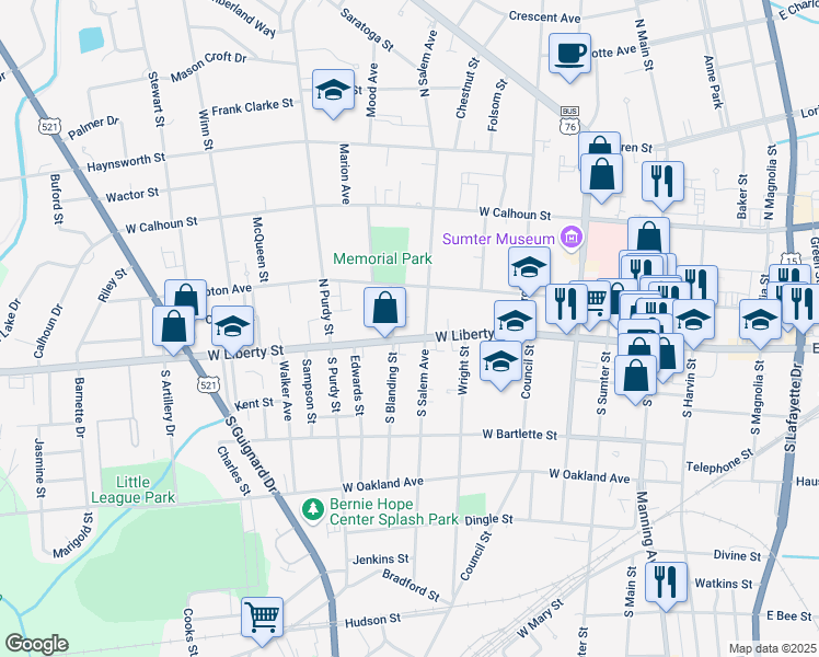 map of restaurants, bars, coffee shops, grocery stores, and more near 411 West Liberty Street in Sumter